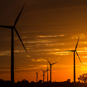 Wind turbines in a field with sun setting in the background